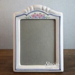 Vintage Ceramic Floral Picture Frame Blue Trim Shabby Cottage